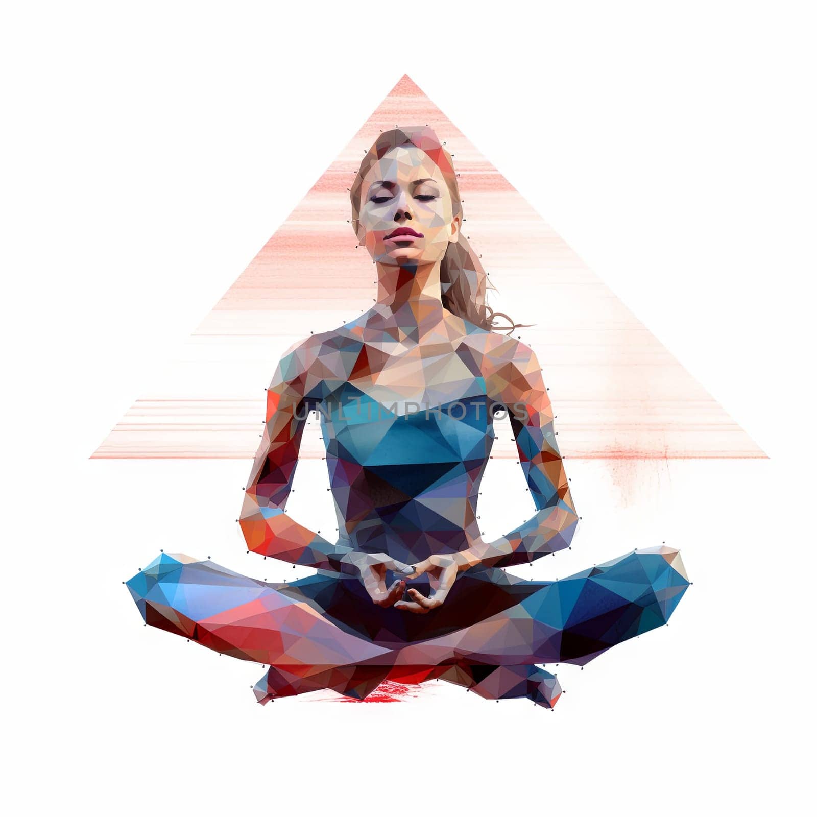 Polygonal image of a woman who meditates, sits in the lotus position. High quality photo