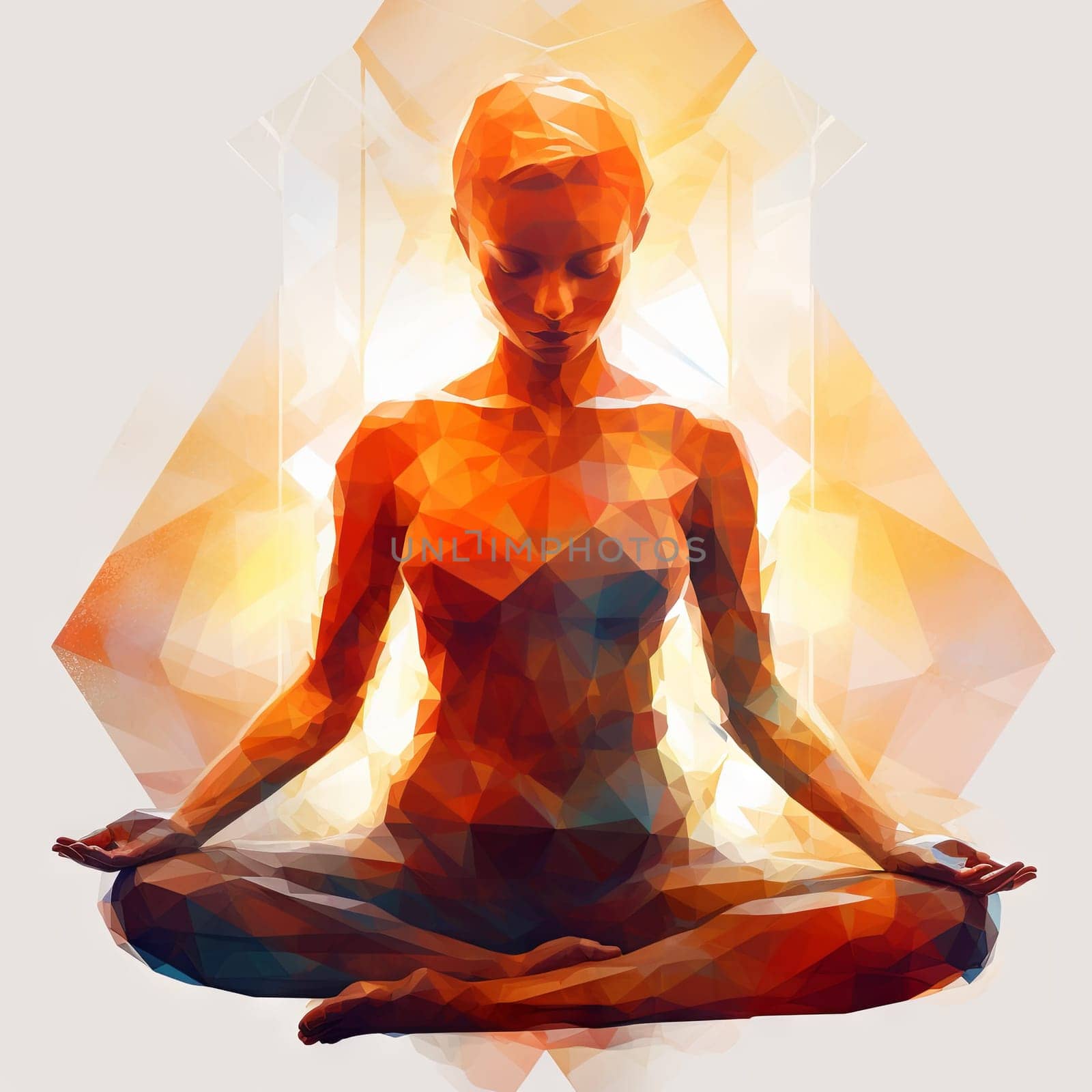 Polygonal image of a woman who meditates, sits in the lotus position. High quality photo