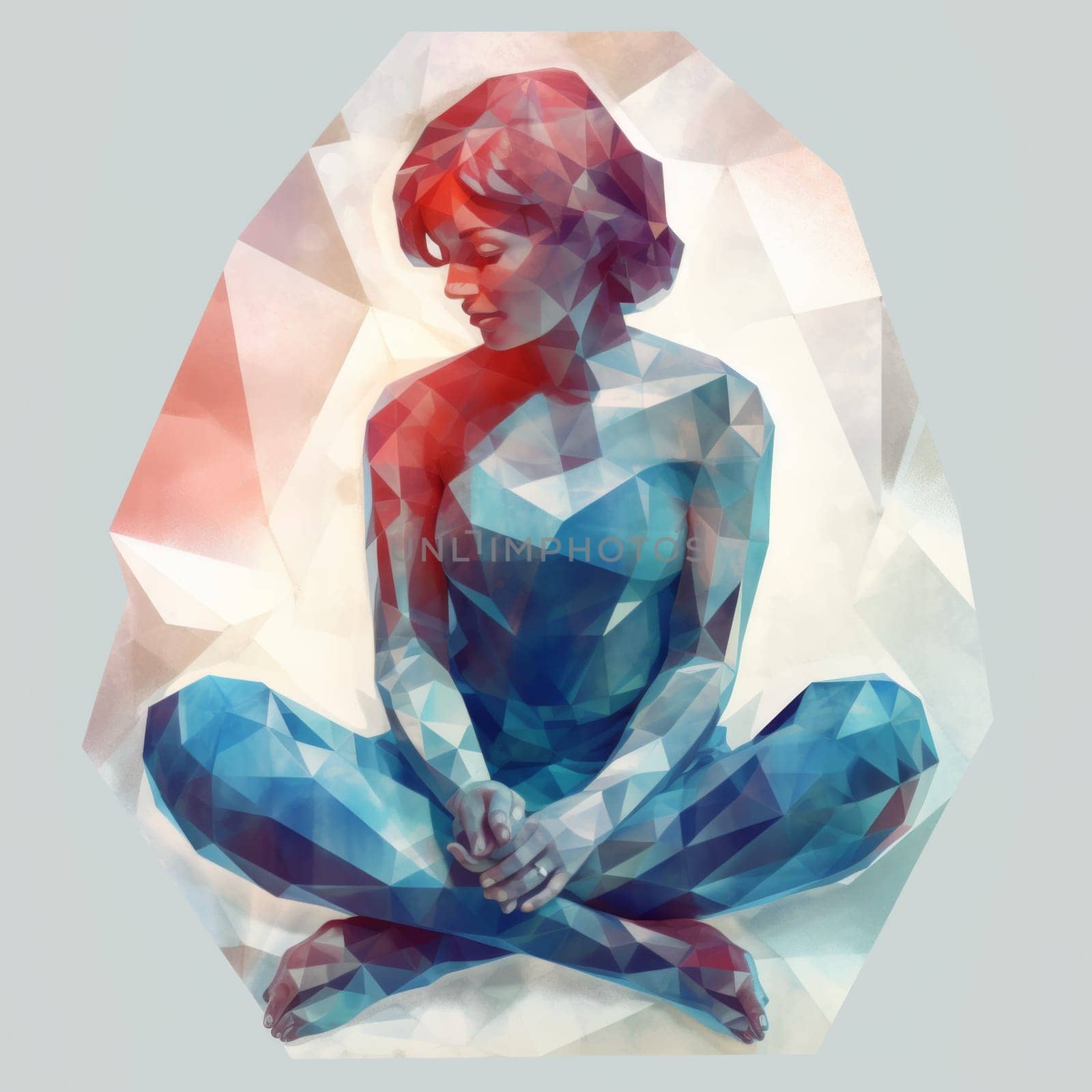 Polygonal image of a woman who meditates, sits in the lotus position. High quality photo