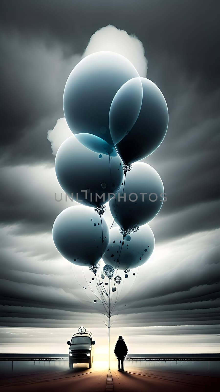 Gray art abstract concept men balloon sky background generated ai art illustration . High quality photo