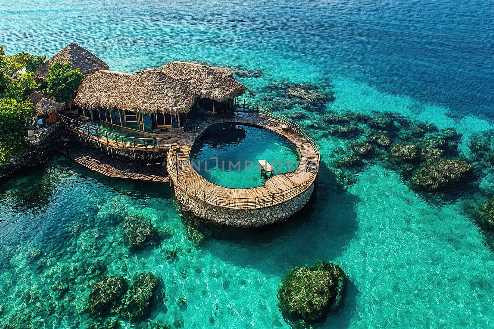 Aerial view of tropical island bungalow with private pool and turquoise lacy water.