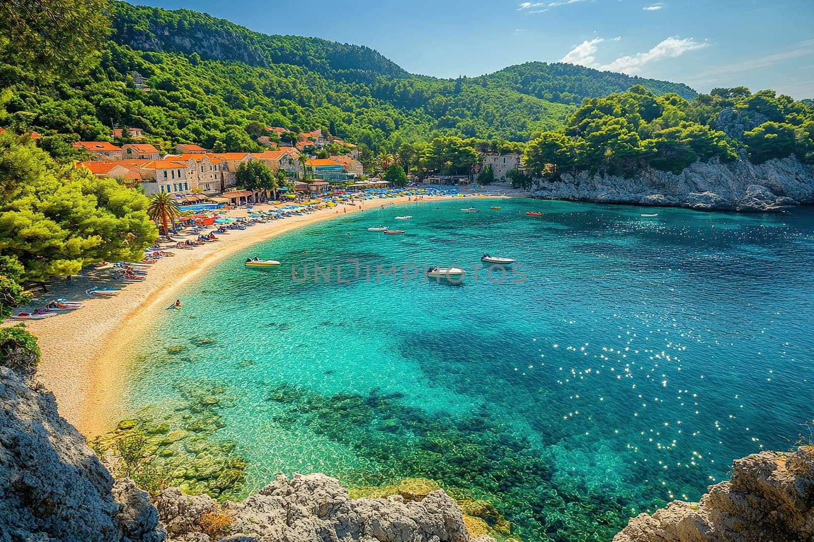 Panoramic aerial view of the beautiful beach, lush tropical forest and emerald sea on a sunny day.