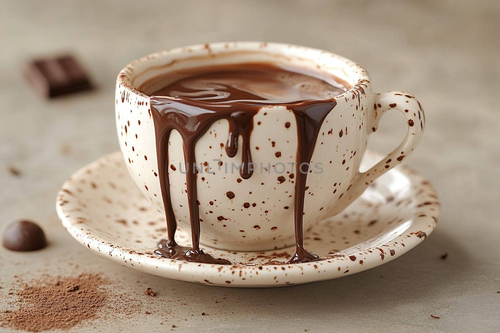 A cup of hot chocolate with chocolate drips sits on a saucer on the table.