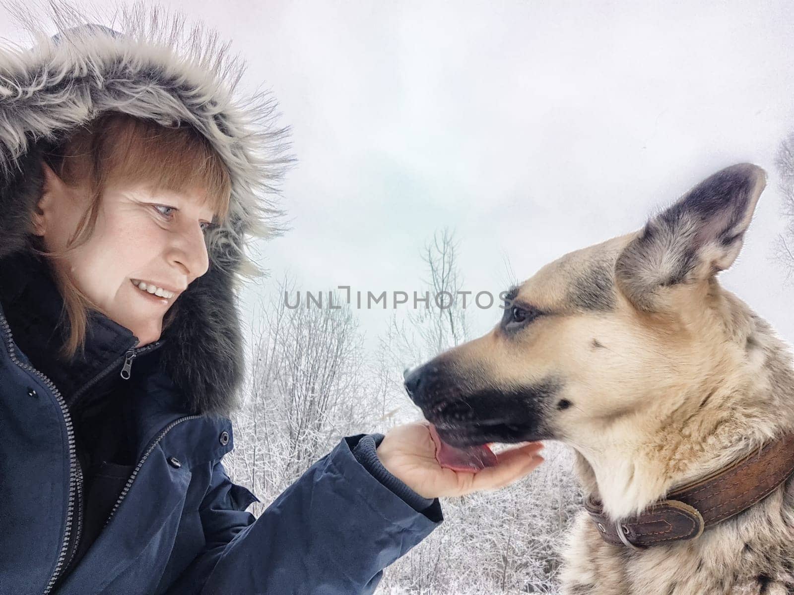Blogger takes a cheerful selfie with her German shepherd while exploring the winter wonderland during a camping adventure.