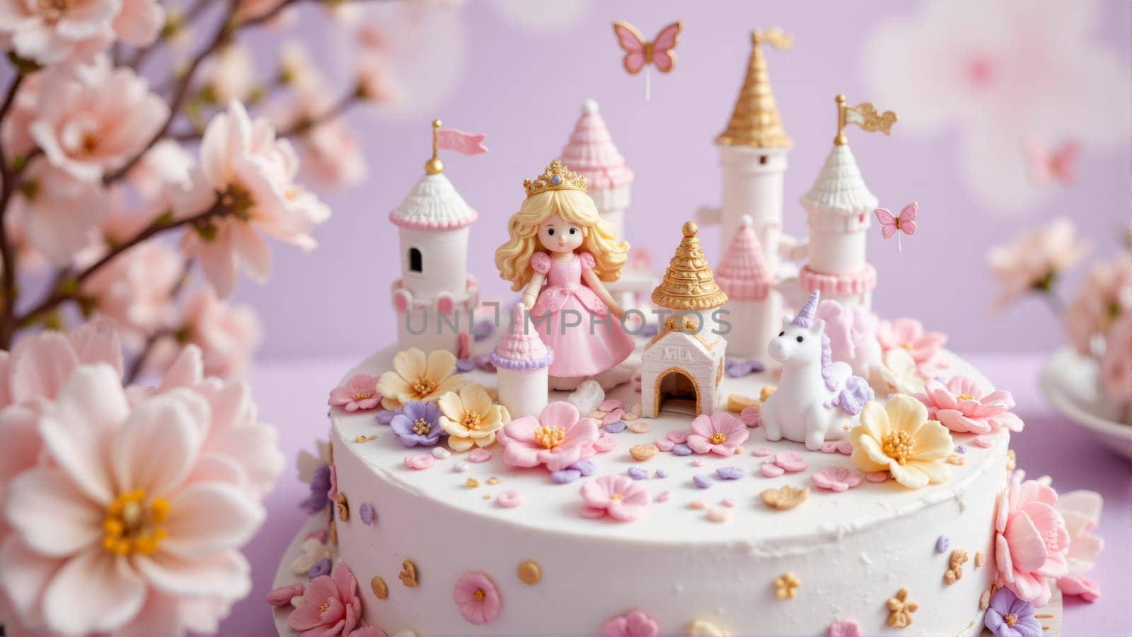 A cake with a castle and princesses on it. The castle is pink and purple and the princesses are wearing pink dresses