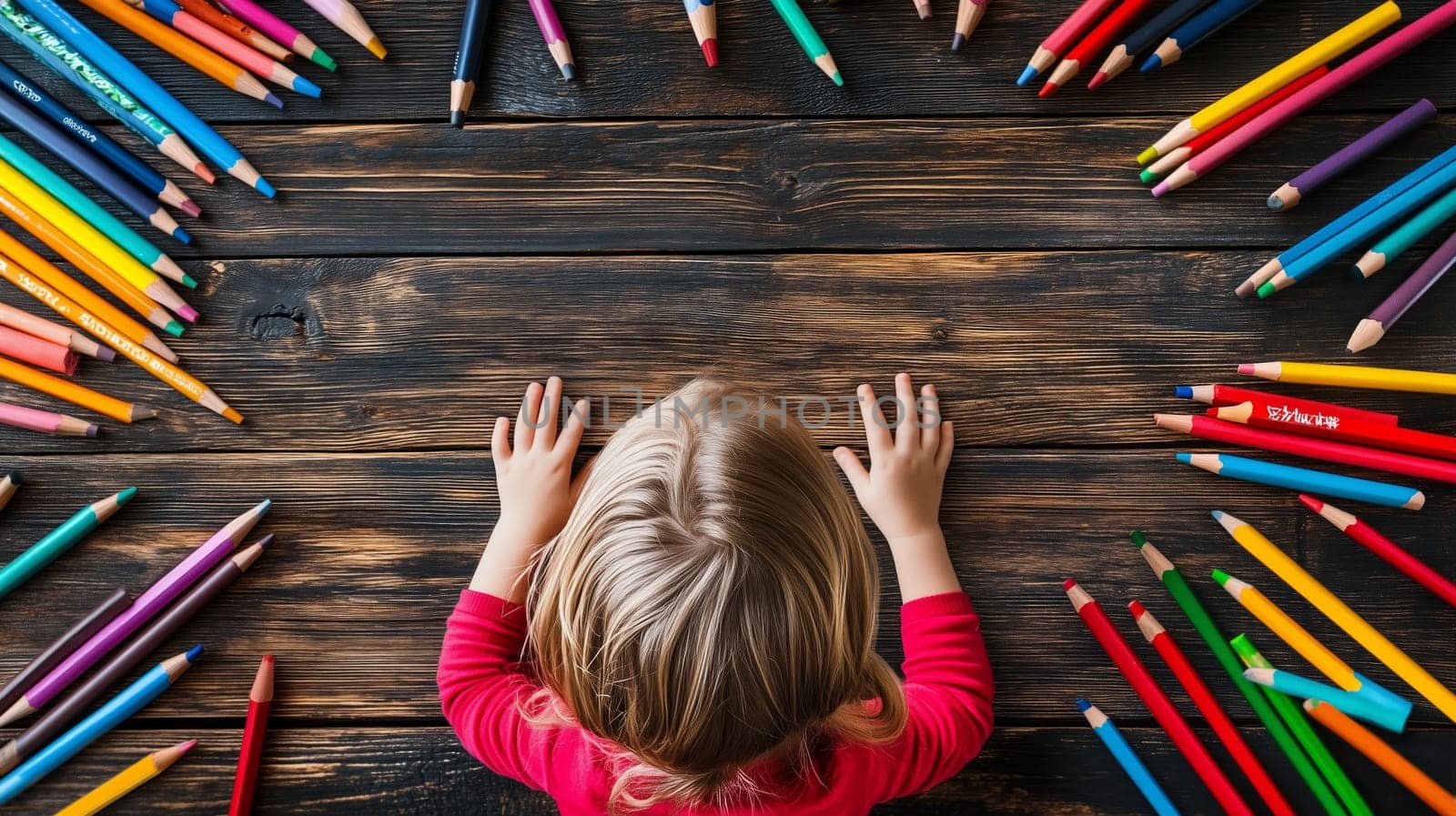Top view of a little girl leaning on a wooden table surrounded by colored pencils, ready to draw