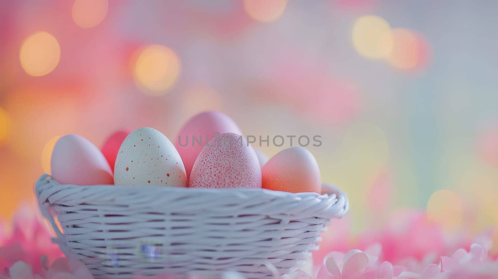 Colorful painted Easter eggs in a wooden wicker basket, Generative AI, holidays