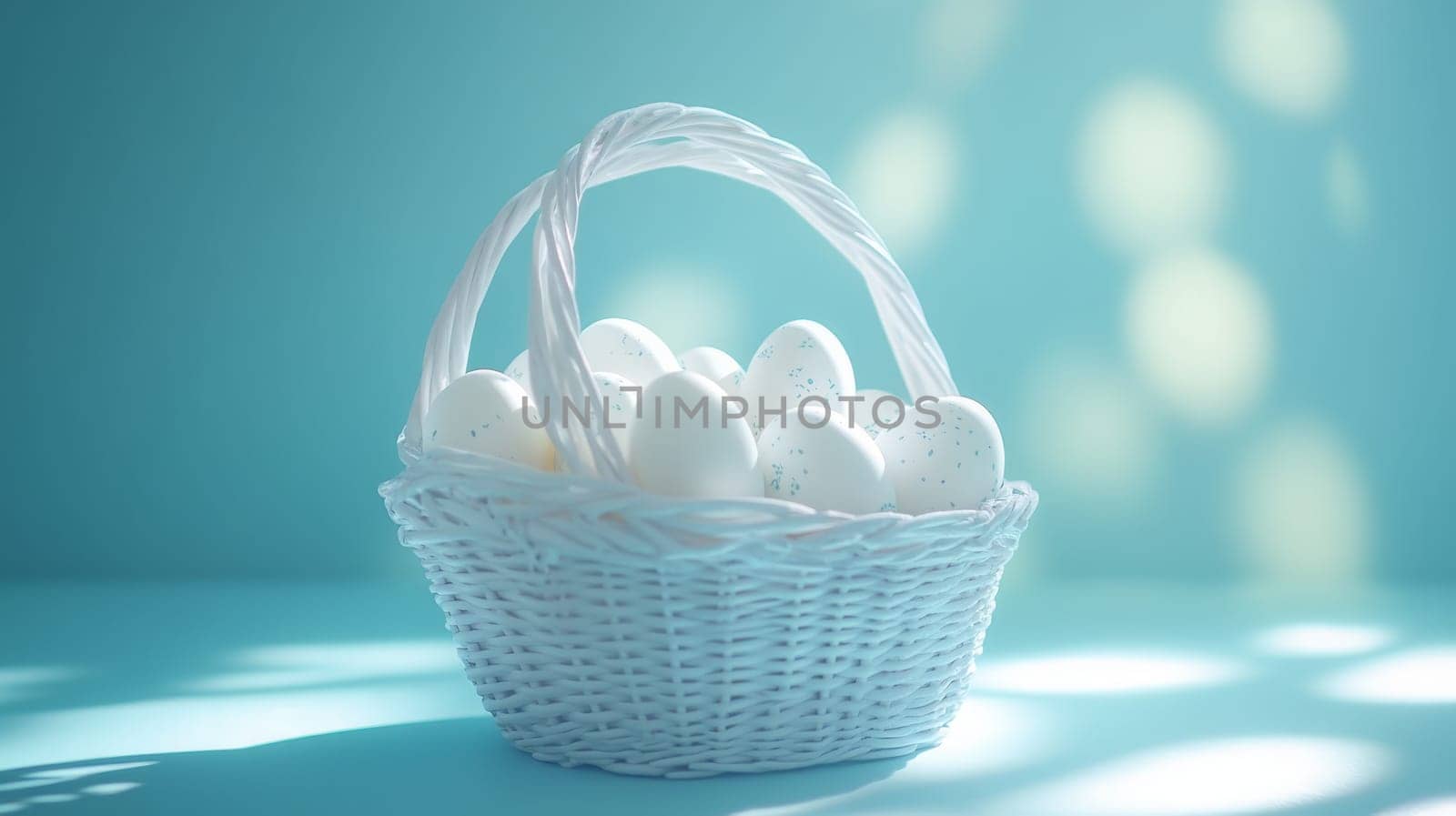 Colorful painted Easter eggs in a wooden wicker basket, Generative AI, holidays