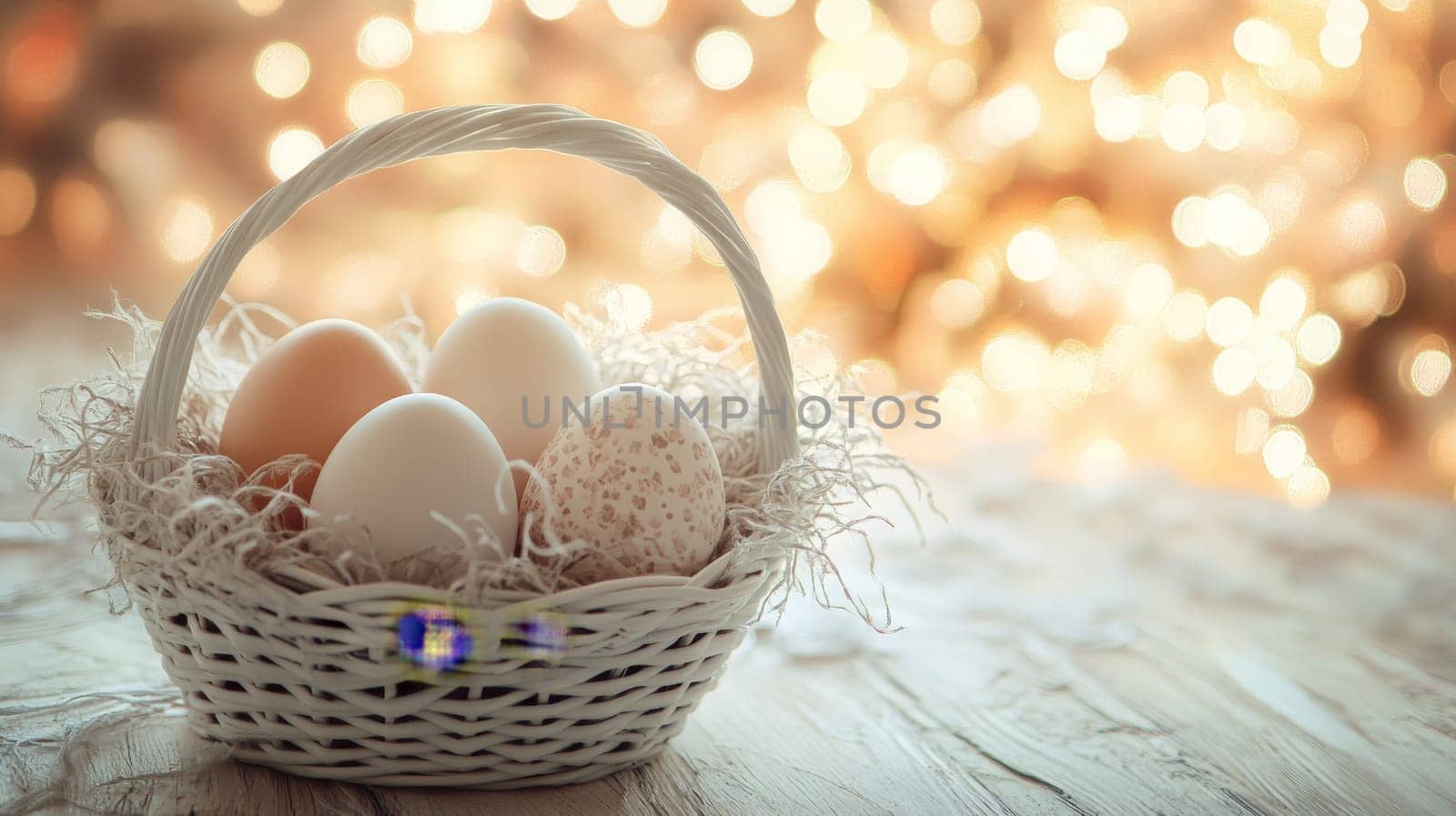Colorful painted Easter eggs in a wooden wicker basket, Generative AI, holidays