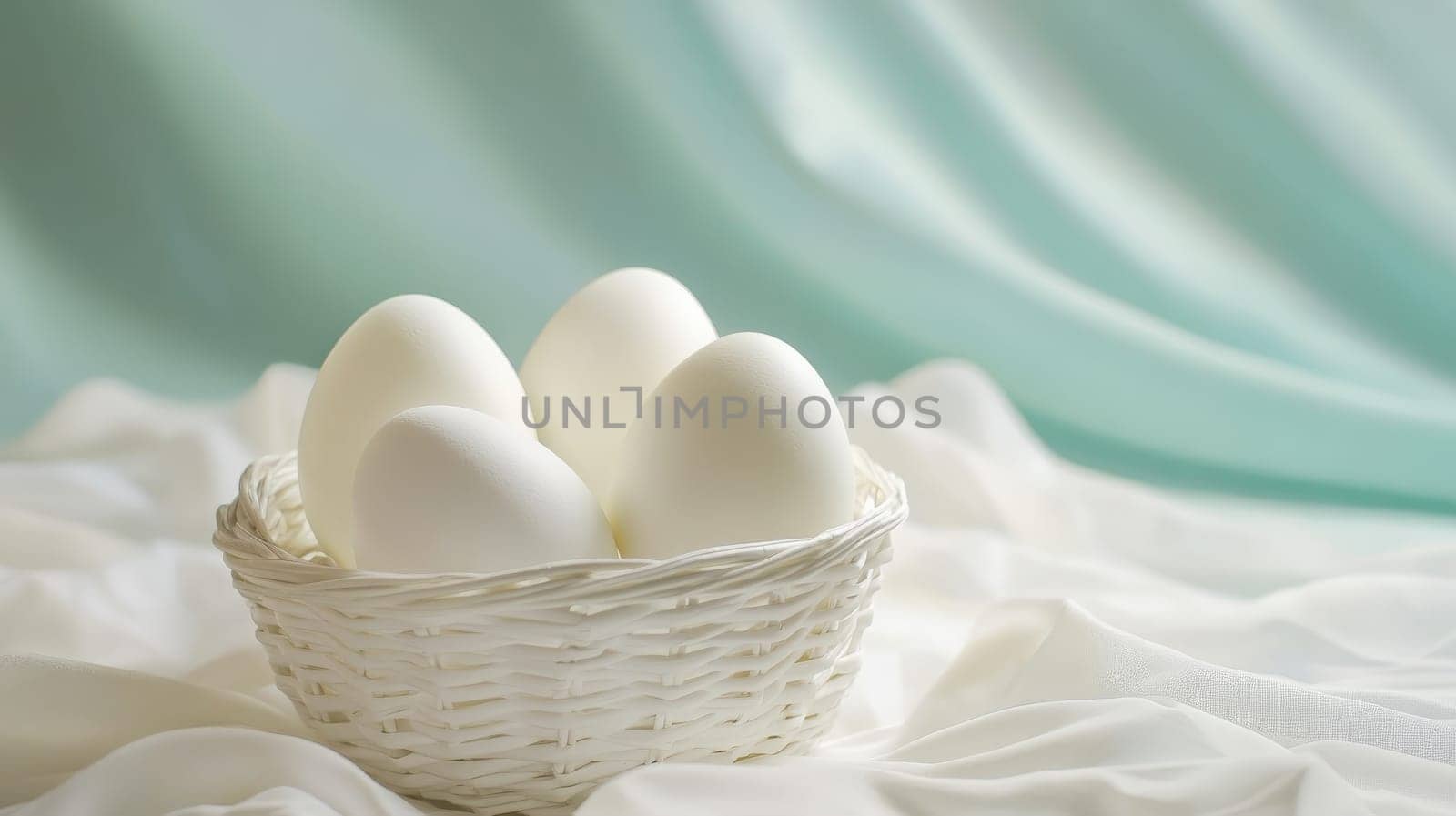 Colorful painted Easter eggs in a wooden wicker basket, Generative AI, holidays