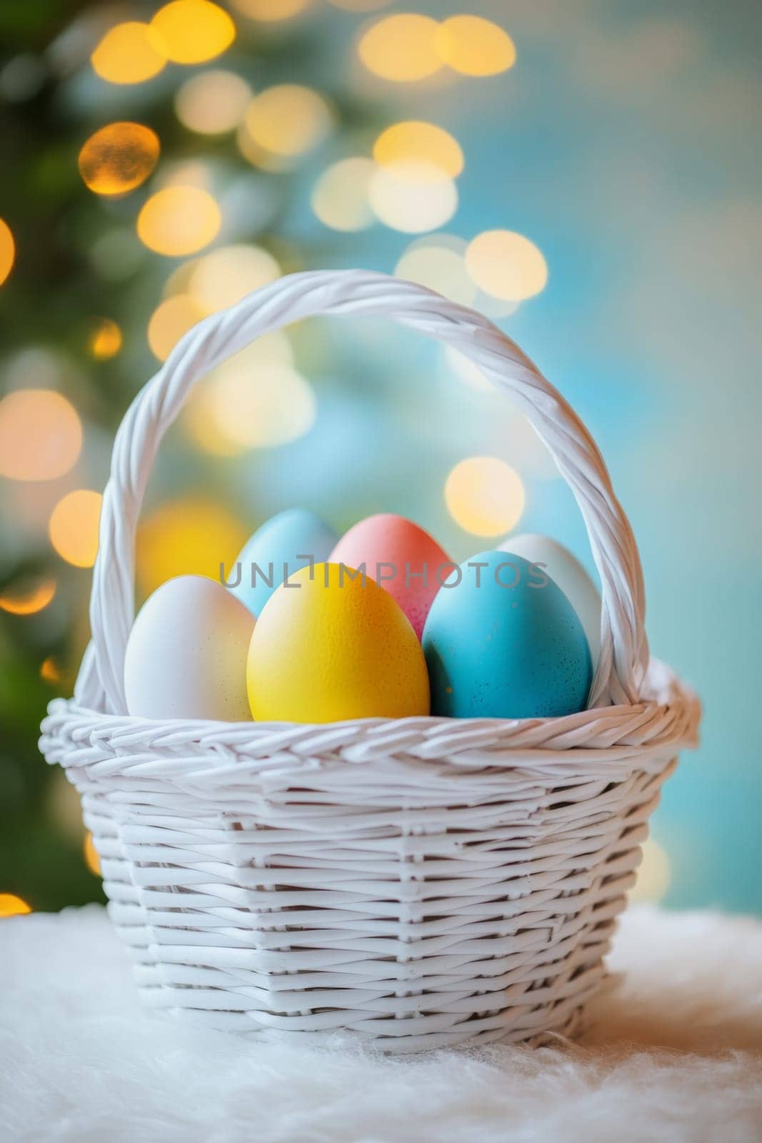 Colorful painted Easter eggs in a wooden wicker basket, Generative AI, holidays