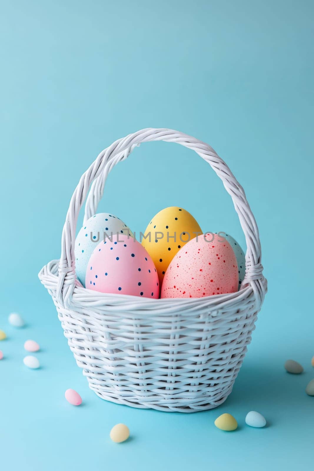 Colorful painted Easter eggs in a wooden wicker basket, Generative AI, holidays