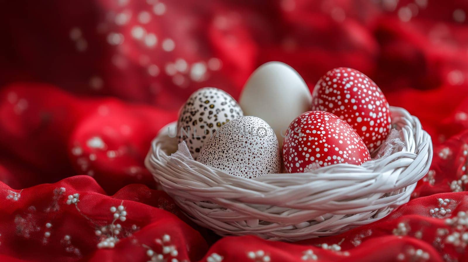 Colorful painted Easter eggs in a wooden wicker basket, Generative AI, holidays