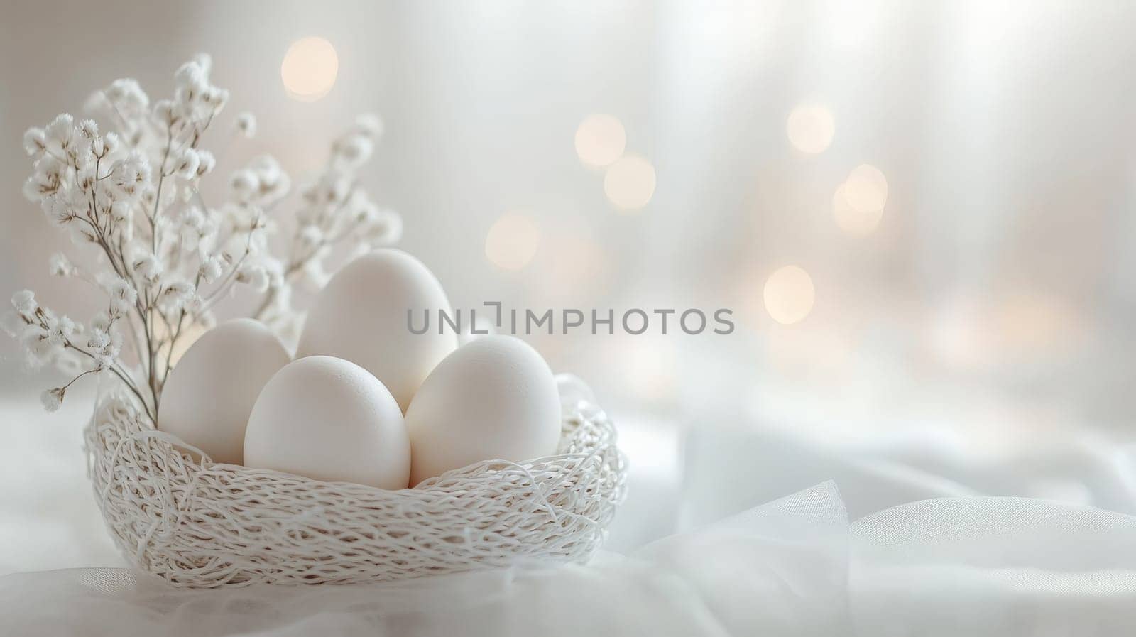 Colorful painted Easter eggs in a wooden wicker basket, Generative AI, holidays