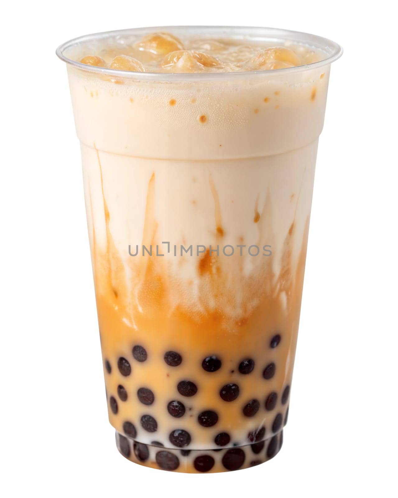 Iced cheese foam bubble tea with chewy tapioca pearls in a plastic cup. Sweet and creamy Asian drink with caramel drizzle. Isolated on white background.