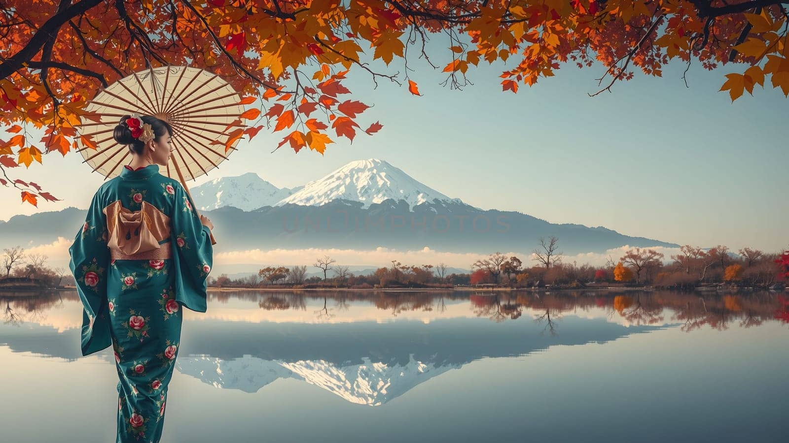 The Asian woman wearing japanese traditional kimono at Fuji mountain