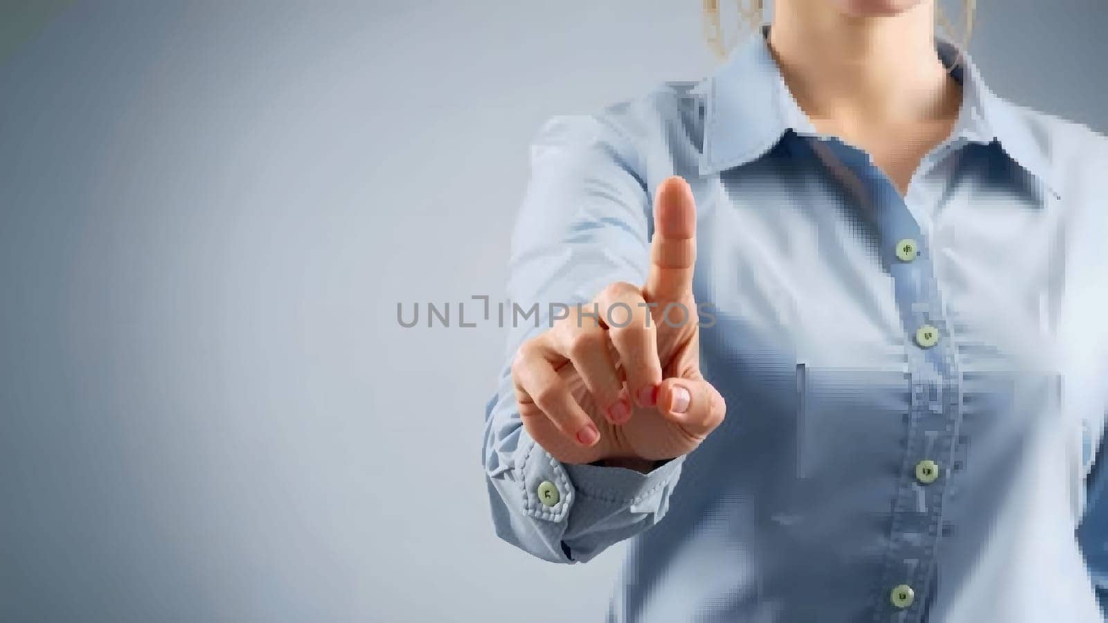 The girl's hand try to pushing on a touch screen interface