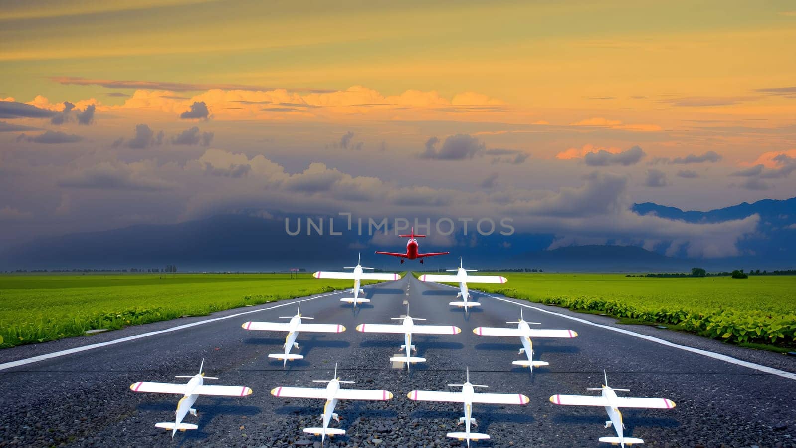 The Red airplane leading blue airplanes. Concept for discovery and leadership