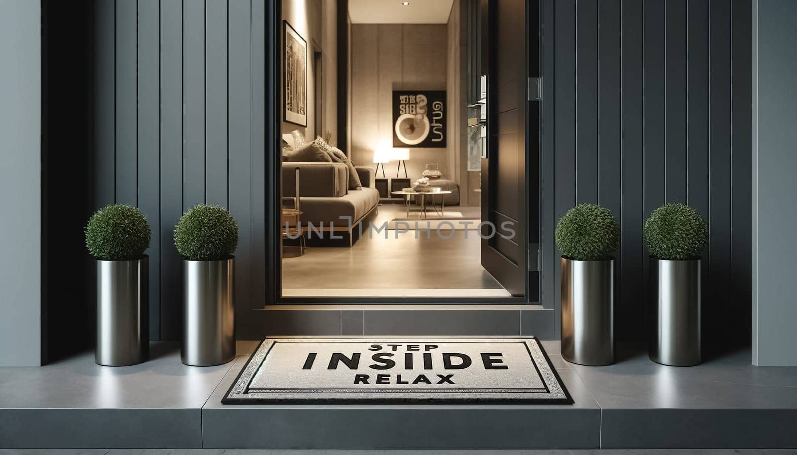The contemporary Welcome Home doormat, positioned at a side angle, leads into a home where the light cascades onto minimalist elegance, inviting a serene return to a modern abode.