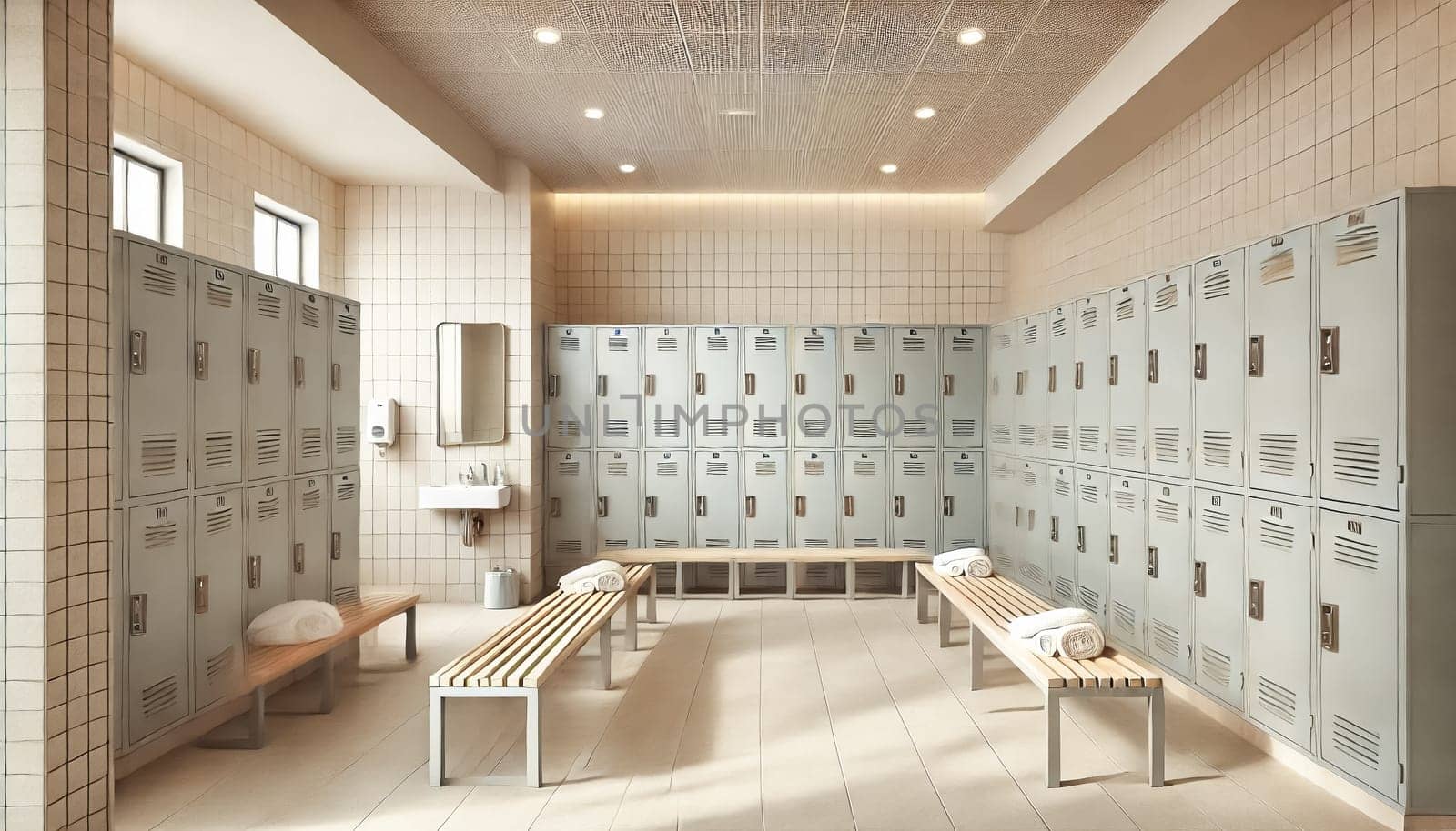 Brightly lit gym locker room with minimalist design features light-colored metal lockers, plain wooden benches, light tile flooring, and white walls. Neat and practical, with mirrors, sinks, and open shelves for towels.