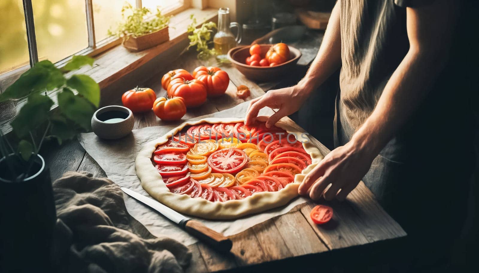 A wide-angle view of a dining table set with a tomato galette as the centerpiece. The scene, bathed in warm natural light, showcases a rustic table with plates, forks, fresh basil, and heirloom tomatoes, creating a welcoming and cozy atmosphere for a homemade meal.