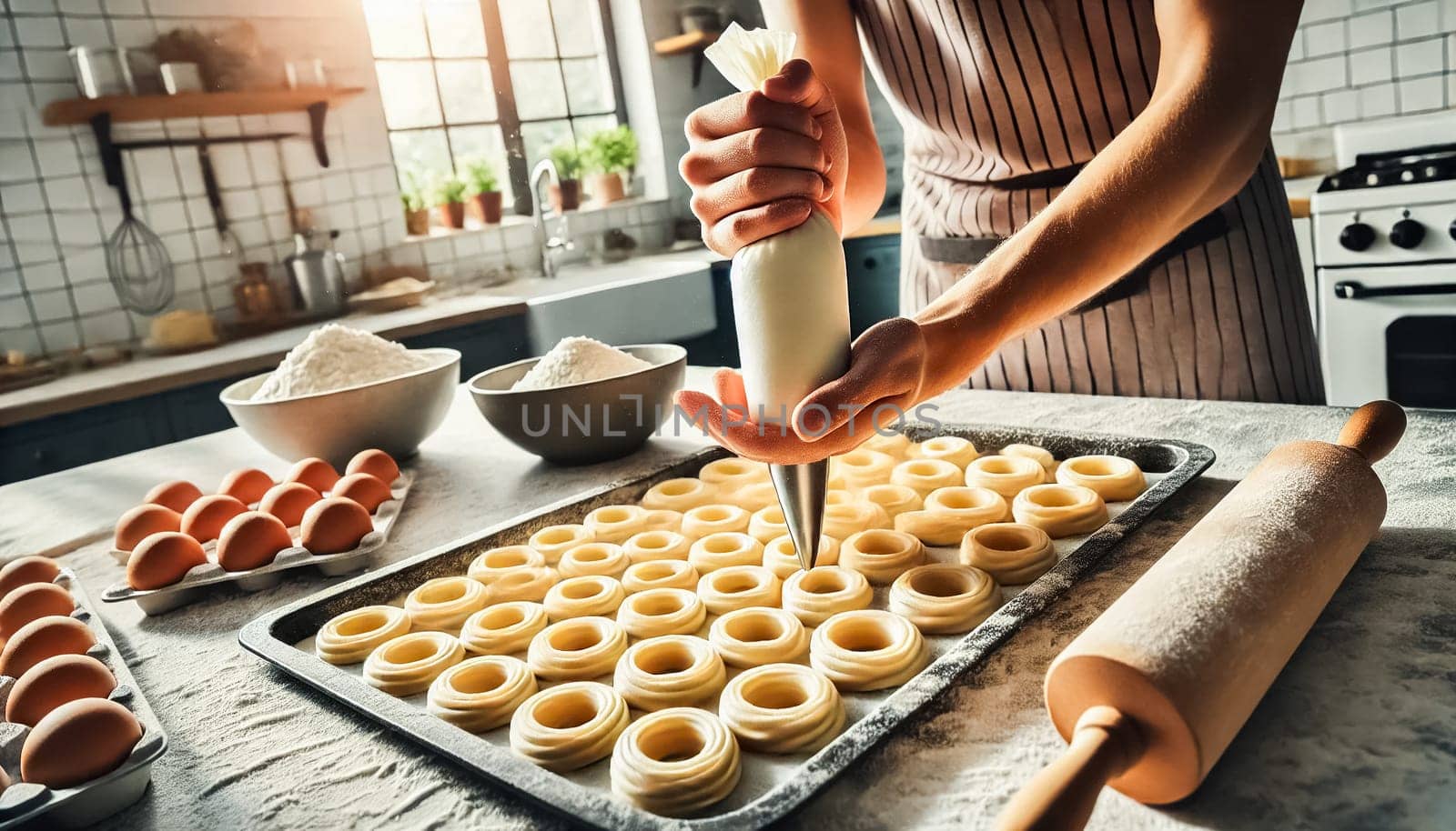 Hands are piping ridged dough onto a tray, illuminated by warm sunlight streaming through the kitchen window. Eggs, flour, and utensils are scattered, creating an active, organized, and bright baking environment.