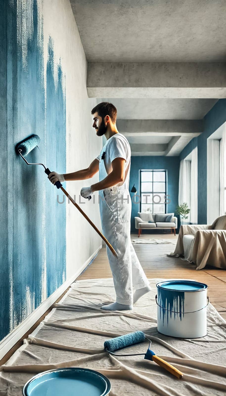 A painter on a ladder carefully applies blue paint to the upper part of a high wall in a bright, airy living room. Sunlight streams through large windows, illuminating the room’s furniture, which is covered with protective sheets. Paint supplies are scattered neatly across the wooden floor, creating a peaceful work-in-progress atmosphere.