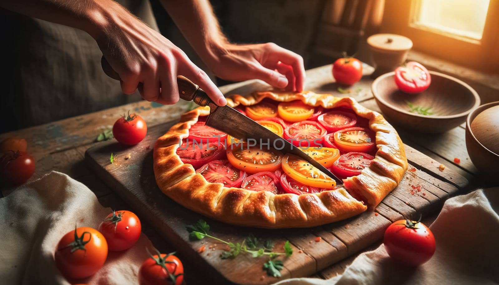 A wide-angle view of a dining table set with a tomato galette as the centerpiece. The scene, bathed in warm natural light, showcases a rustic table with plates, forks, fresh basil, and heirloom tomatoes, creating a welcoming and cozy atmosphere for a homemade meal.