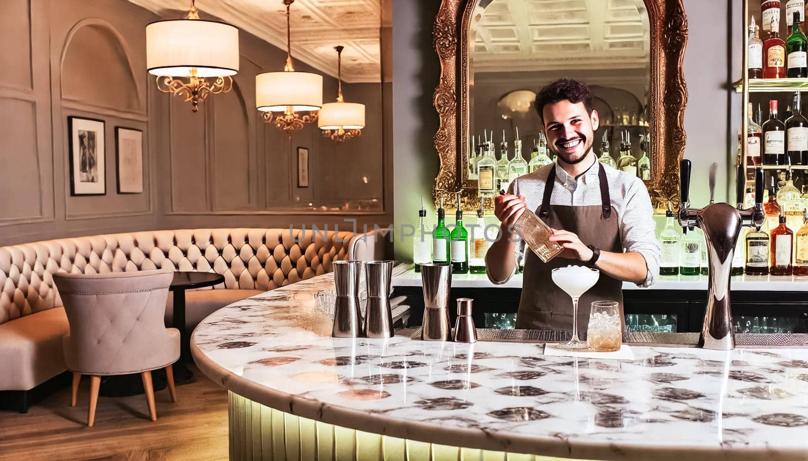 A welcoming bartender shakes a cocktail behind a beautifully designed bar with a marble countertop and tufted chairs. The bar features stylish lighting, well-stocked shelves, and a warm, inviting ambiance.