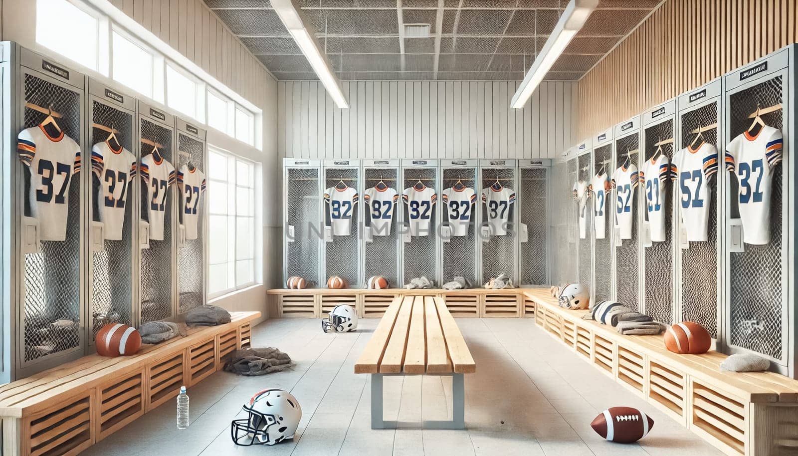 Bright and simple gym locker room for kids' American football team after a game, viewed from a distinct perspective. Light-colored metal lockers, wooden benches, light tile flooring, and neutral-toned walls. Scattered football gear, water bottles, and towels create a lively post-game atmosphere with camaraderie lingering.