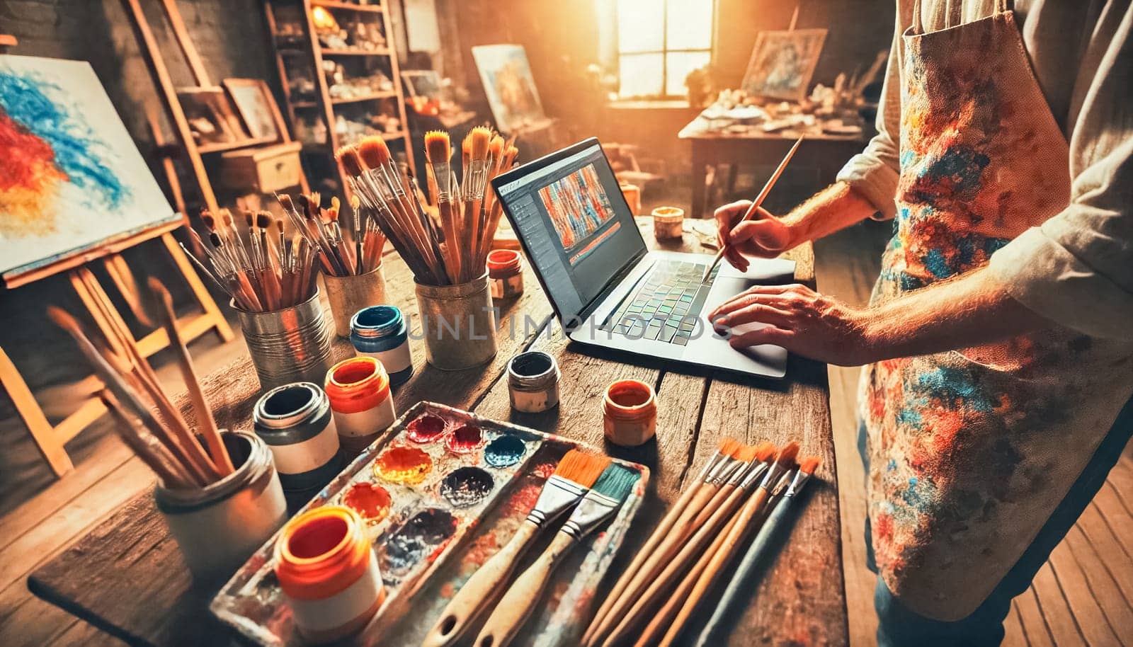A painter in a sunlit studio mixes colors on a palette while referencing a laptop displaying digital artwork. The workspace is filled with brushes, paint supplies, and canvases, creating a fusion of modern technology and traditional craftsmanship.