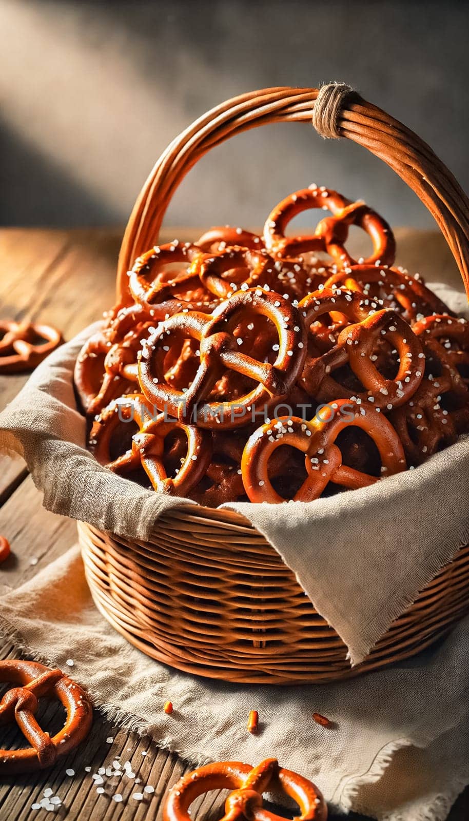 Freshly baked pretzels with a golden-brown crust and coarse salt sprinkled on top, lying on a dark textured surface. The contrast of the soft dough and crisp outer layer creates a visually appetizing appeal, with small salt crystals scattered around the pretzels.