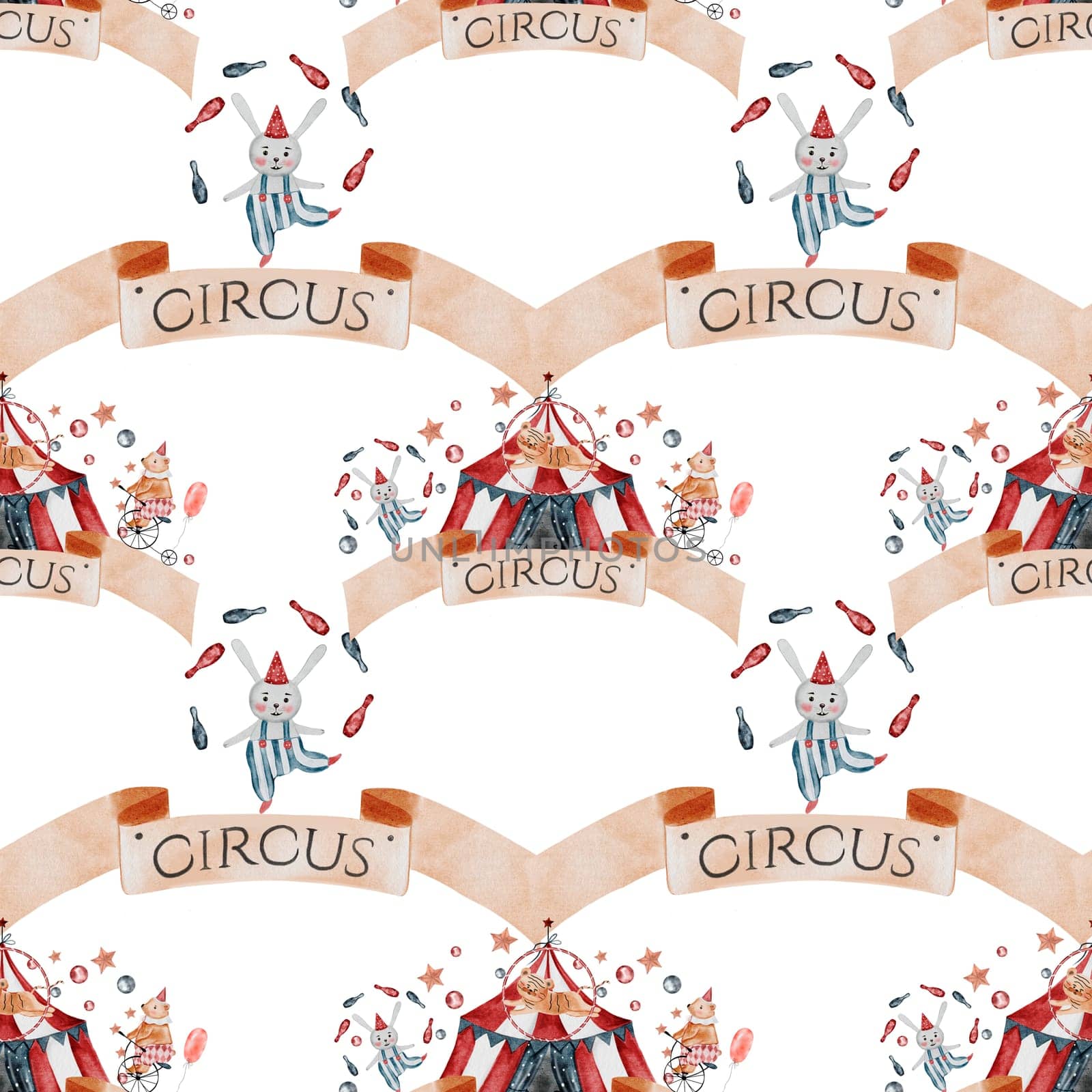 Circus watercolor pattern. Hand drawn cute animal on isolated white background. Clipart of a bear on a bicycle, a bunny with gymnastics clubs, a tiger and a magician's hatPerfect for textiles and attributes for baby shower and birthdays. High quality illustration
