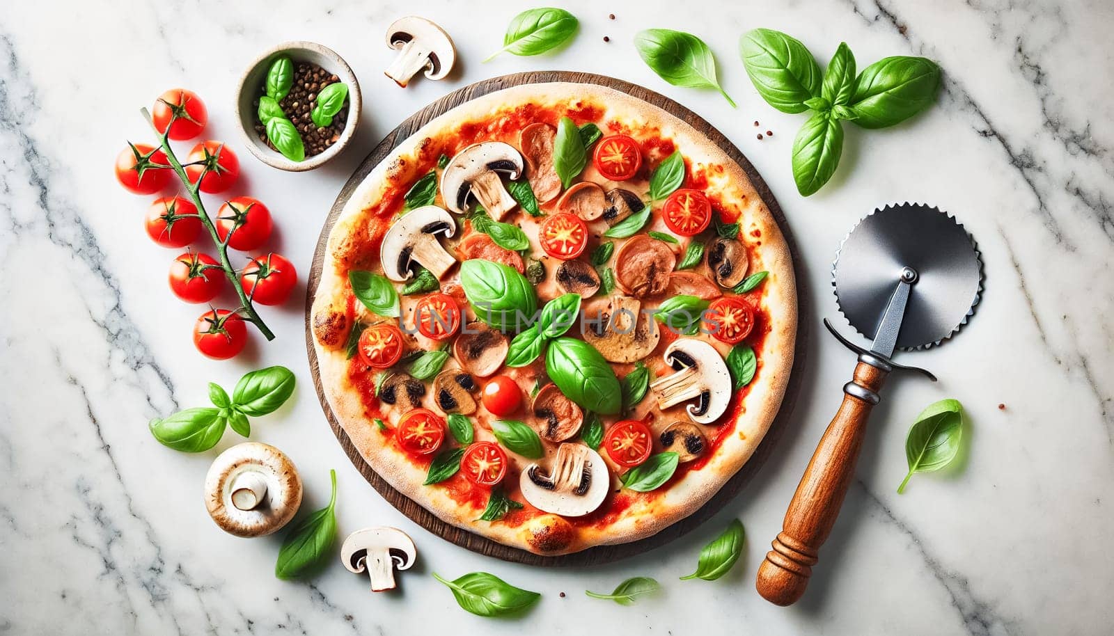 A close-up of a pizza on a white marble surface in a contemporary kitchen. A slice is being lifted, with melted cheese stretching, showcasing the pizza's toppings of sautéed mushrooms, cherry tomatoes, and fresh basil. The modern kitchen in the background features sleek countertops, warm lighting, and a cozy atmosphere.
