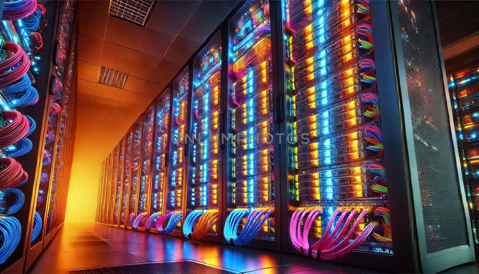 High angle view of server racks in a dark data center, brightly illuminated by the vibrant lights from the computers. Colorful computer cables are meticulously plugged into each unit, showcasing the organized and complex network infrastructure.