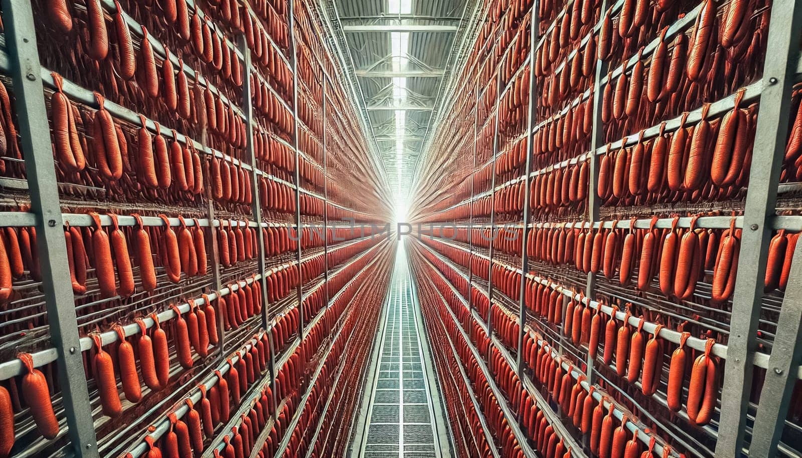 A spacious industrial drying room featuring long rows of neatly hung reddish-brown sausages. The perspective emphasizes the symmetry and precision of the orderly setup, framed by clean metal racks in a well-lit environment.