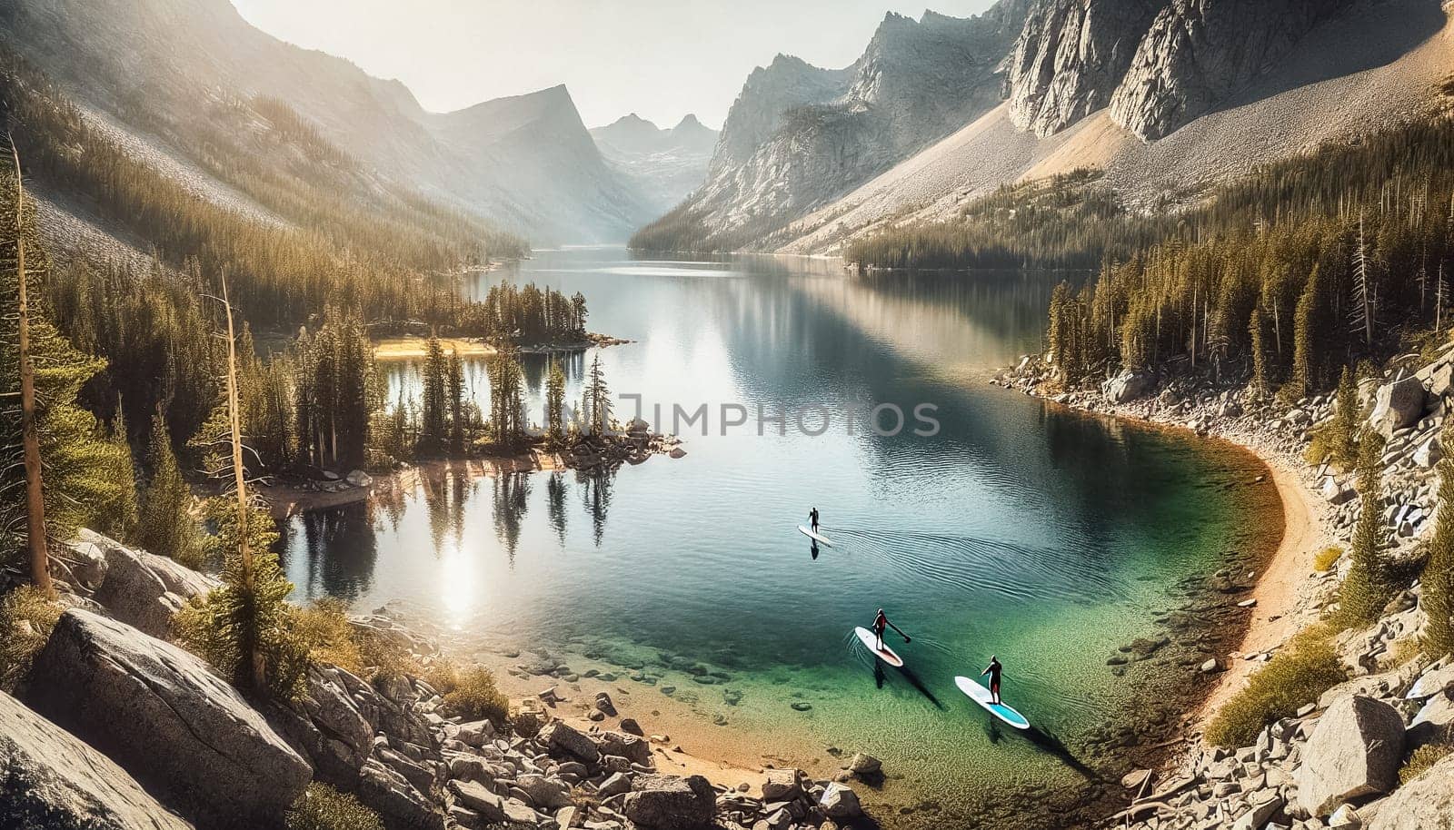 A breathtaking view of multiple paddleboarders floating on calm emerald waters, surrounded by towering snow-capped mountains and dense pine forests. The sunlight reflects beautifully off the water, adding to the peaceful and scenic atmosphere.