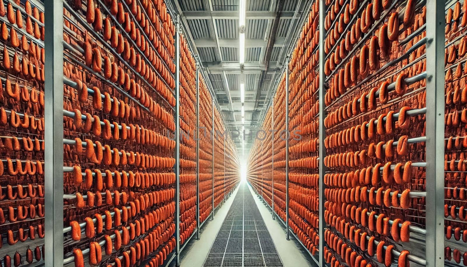 A spacious industrial drying room featuring long rows of neatly hung reddish-brown sausages. The perspective emphasizes the symmetry and precision of the orderly setup, framed by clean metal racks in a well-lit environment.
