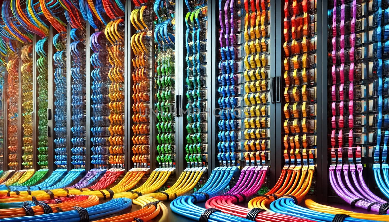Detailed close-up of server racks in a data center, with colorful computer cables meticulously plugged into each unit. This view emphasizes the organized and complex network infrastructure necessary for efficient data management.