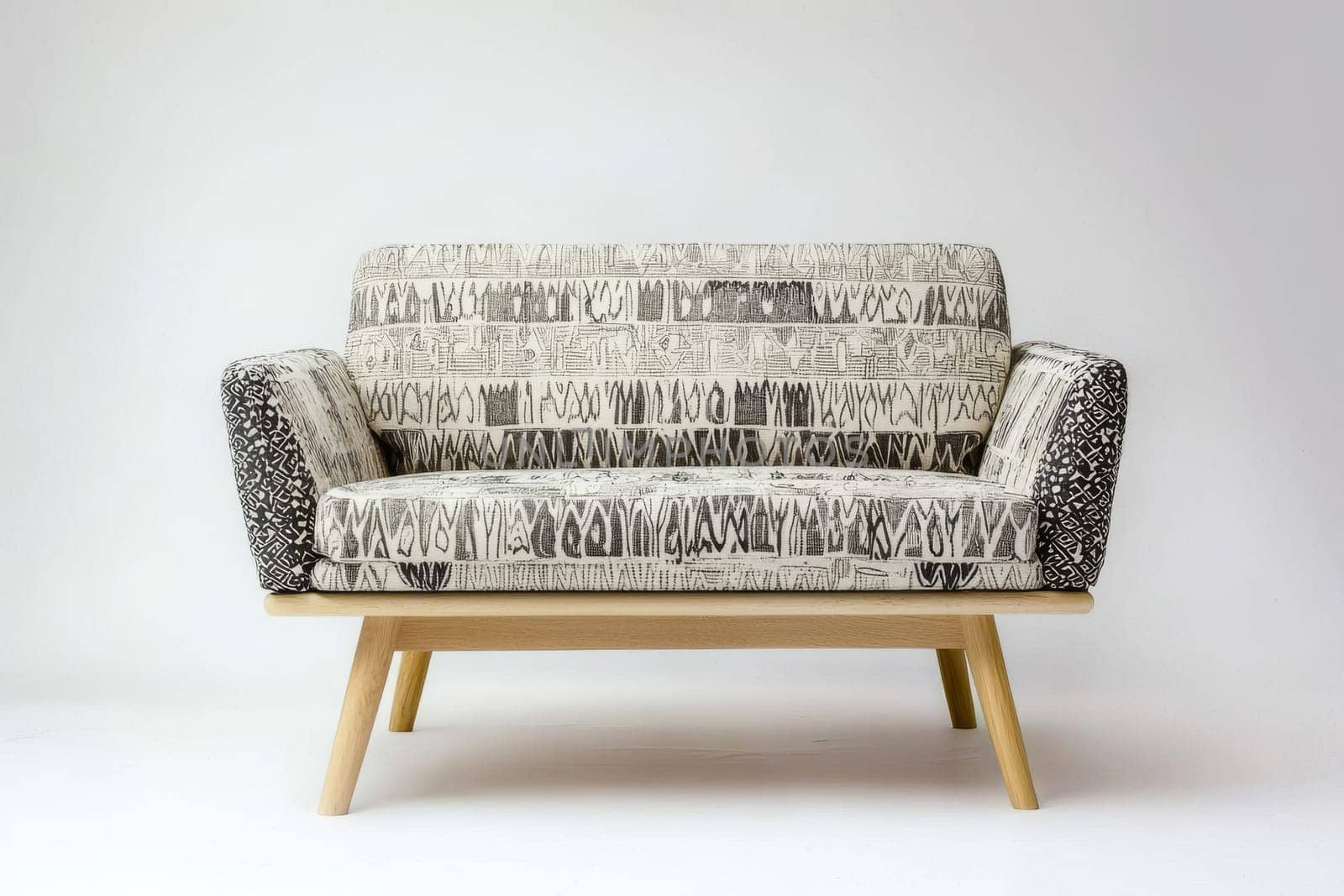 This cozy two-seater couch features a striking pattern on fabric-covered cushions and sturdy wooden legs, perfect for modern interiors.