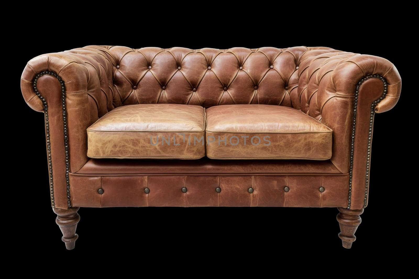 A beautiful brown leather Chesterfield sofa featuring tufted upholstery and polished wooden legs, ideal for any stylish living space.