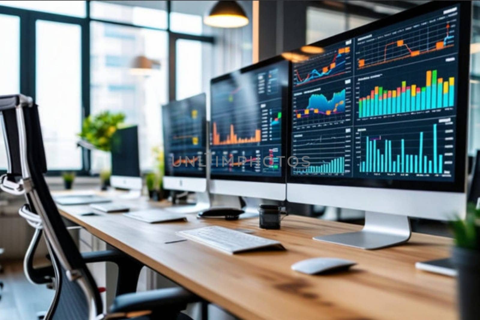 data analyst workstation, a space with computers, on-screen graphs and analytical tools generated ai alt monitor modern work place . High quality photo