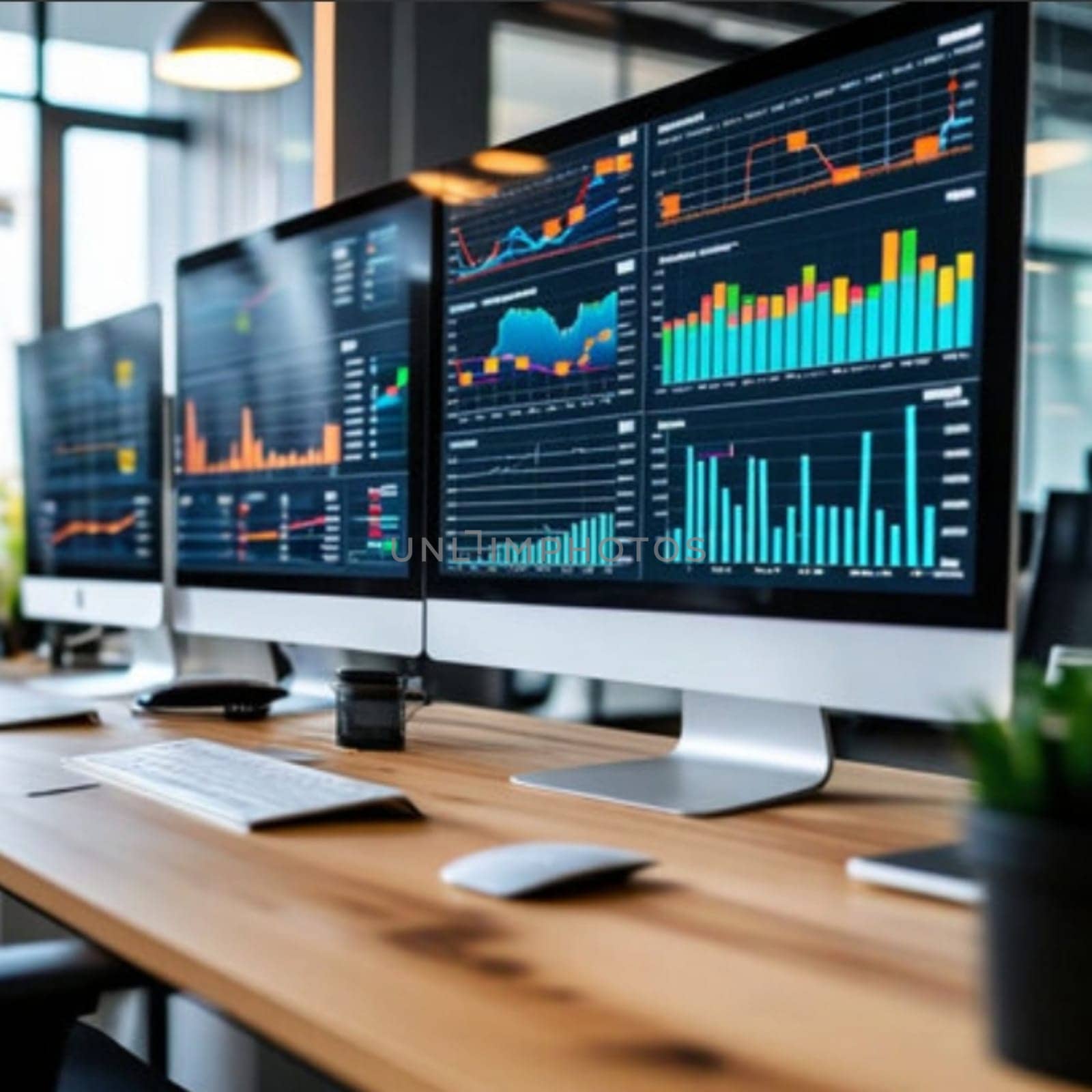data analyst workstation, a space with computers, on-screen graphs and analytical tools generated ai alt monitor modern work place . High quality photo