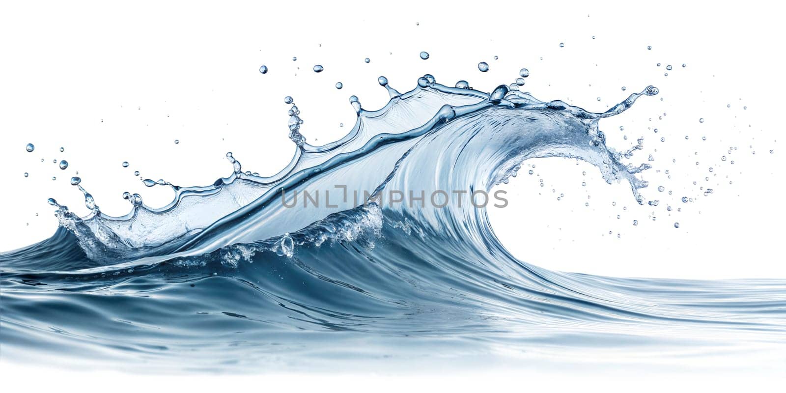Crystal clear water wave captured in motion with splashes and droplets. Dynamic movement, fresh and natural. Isolated on white background.