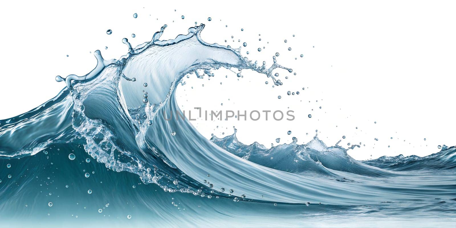 Crystal clear water wave captured in motion with splashes and droplets. Dynamic movement, fresh and natural. Isolated on white background.