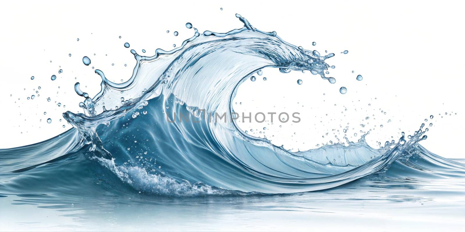 Crystal clear water wave captured in motion with splashes and droplets. Dynamic movement, fresh and natural. Isolated on white background.