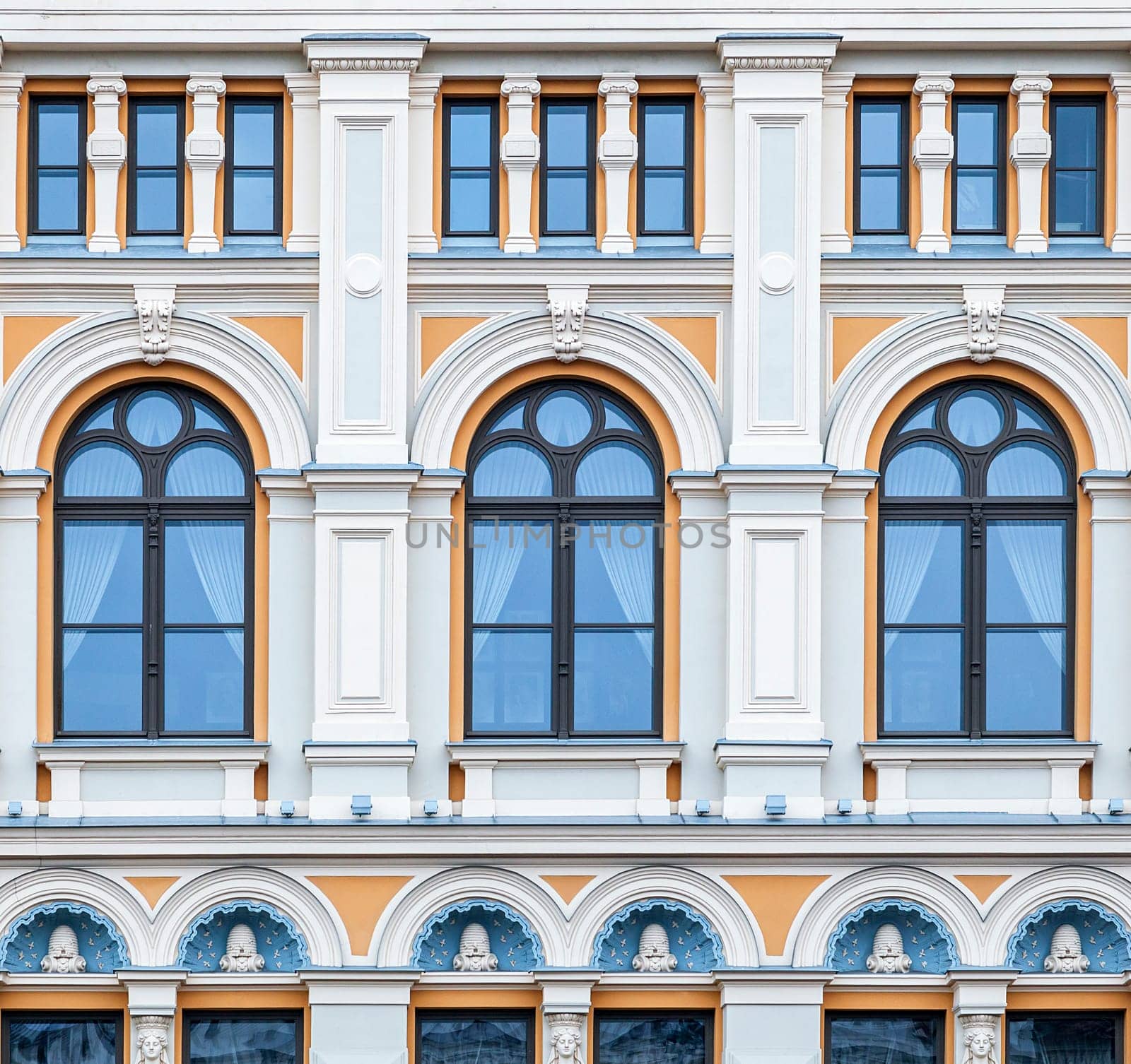 Architecture detail, windows of an old building, Prague, Czech Republic