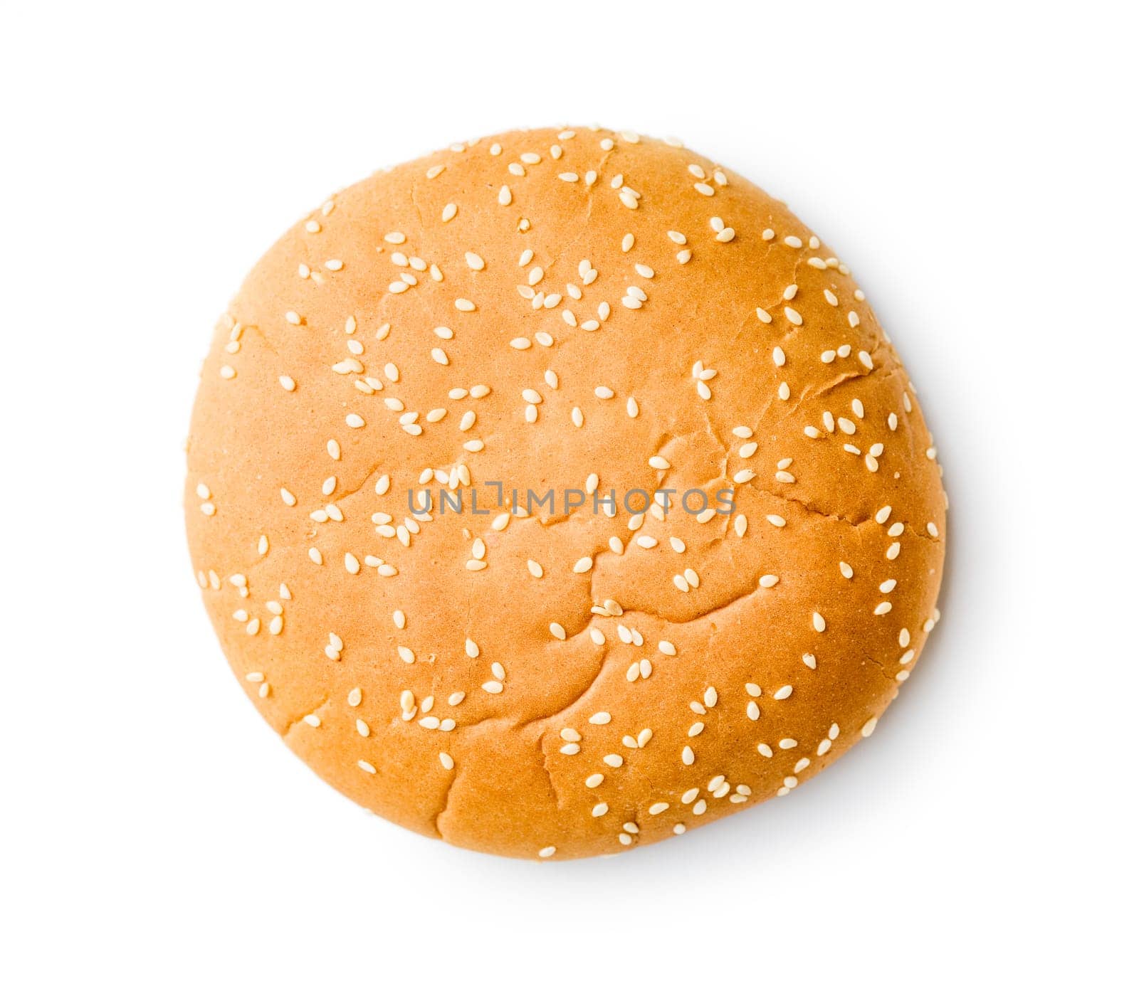 Empty burger bun with sesame seeds isolated on a white background.