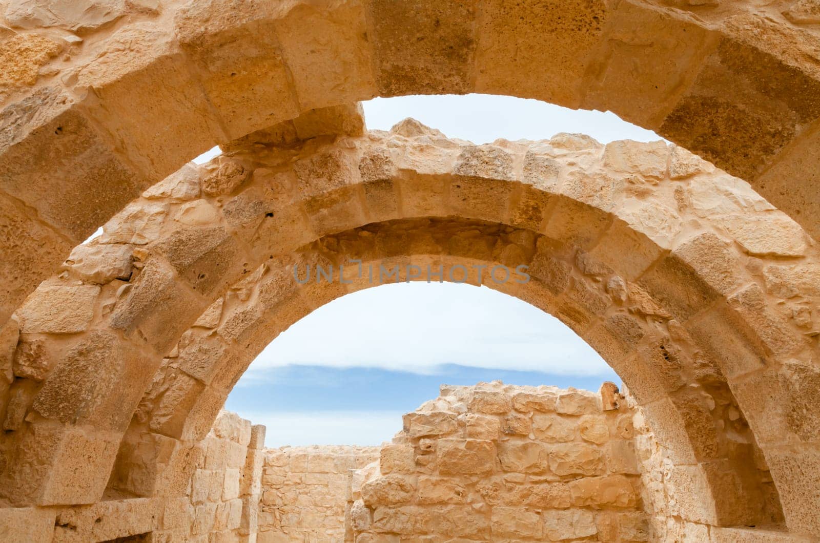 View of the ruined buildings in the ancient Nabataean city of Avdat, now a national Park, in the Negev Desert, Southern Israel