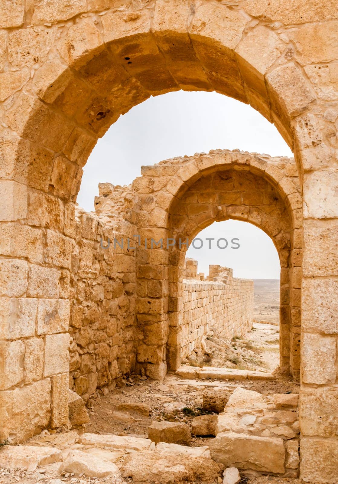 View of the ruined buildings in the ancient Nabataean city of Avdat, now a national Park, in the Negev Desert, Southern Israel
